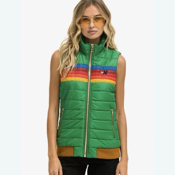 Aviator Nation Jackets & Blazers - Aviator Nation Women's 5 Stripe Puffer Vest Size S Green Rainbow Non Glossy NWT